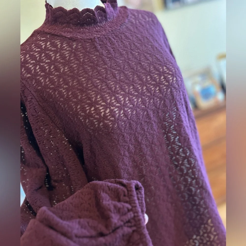 NWT Burgundy Eyelet Mock Neck Blouse Scallop Trim Long Sleeve Top